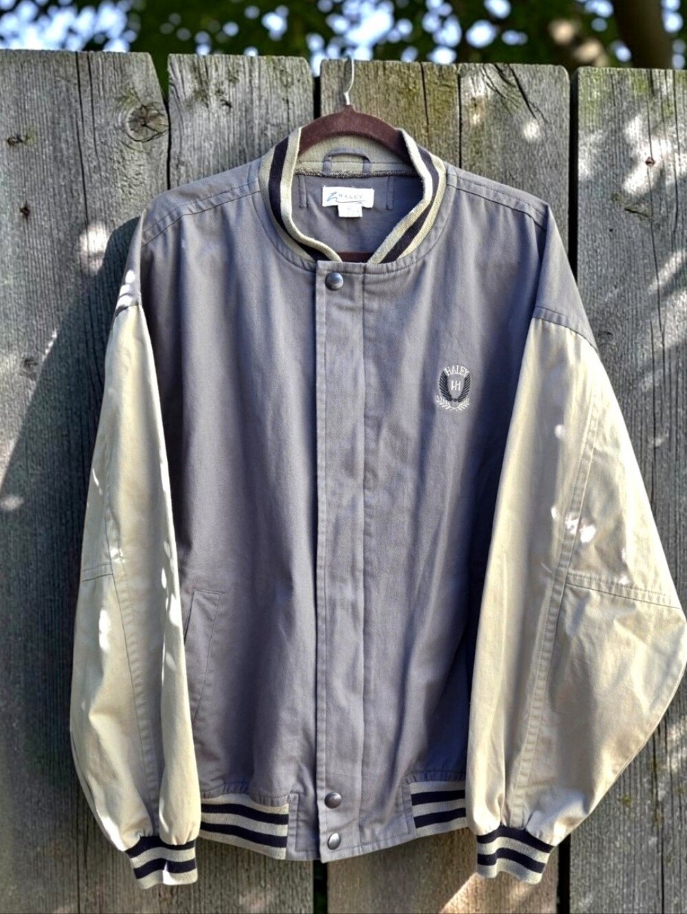 Vintage 90s Haley USA Canvas Varsity Bomber Jacket XL Gray Beige Colorblock